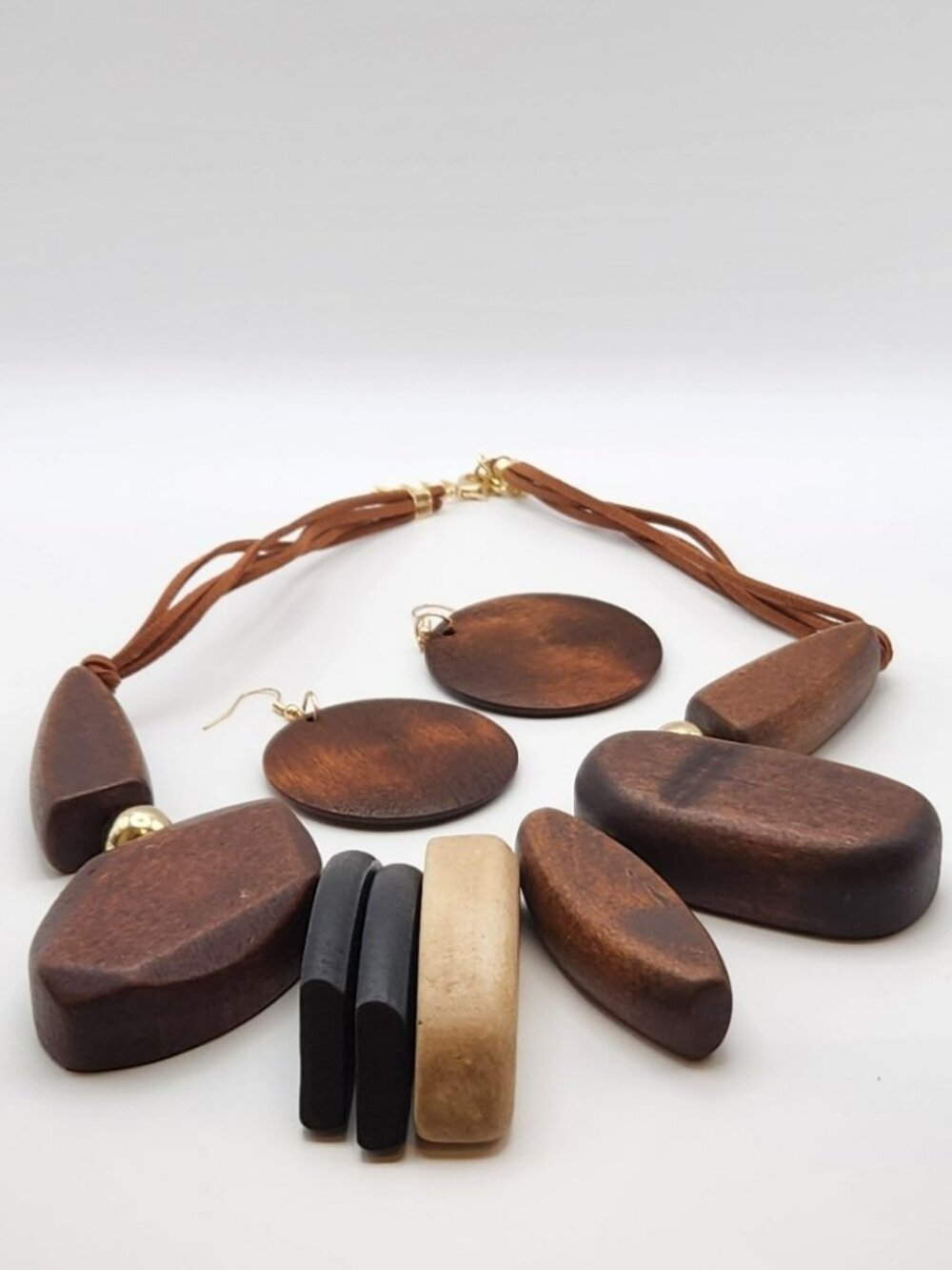 Large wooden necklace & earring set various wood shapes NIP